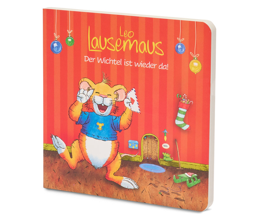 Cover of a children's book "Leo Lausemaus". Illustration shows a cartoon mouse holding a letter in a festive room.