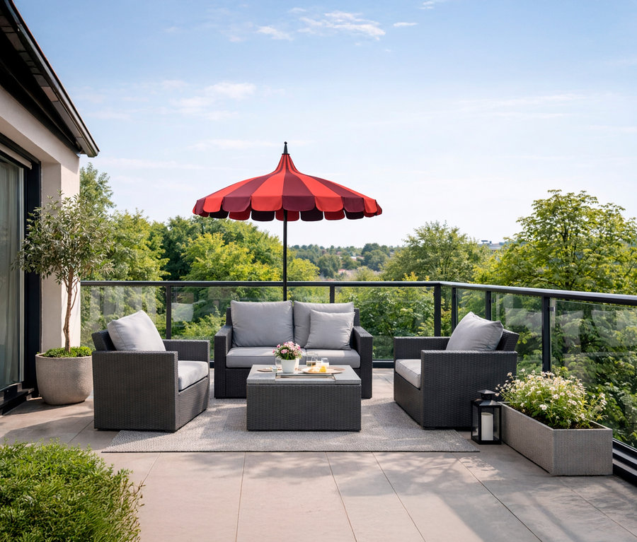 Graue Gartenmöbel stehen auf einer Terrasse unter einem rot gestreiften Leco Sonnenschirm, Ø 240 cm.