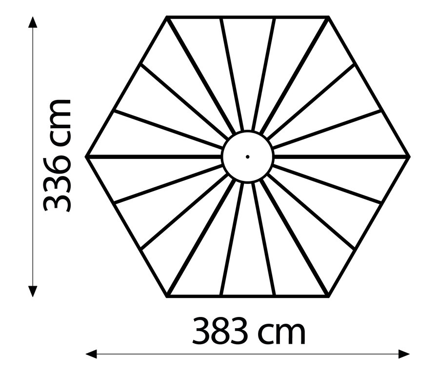 Draufsicht des Vitavia Gewächshaus Pavillion 9 m² inkl. Fundamentrahmen, schwarz, mit Maßangaben 336 cm und 383 cm.