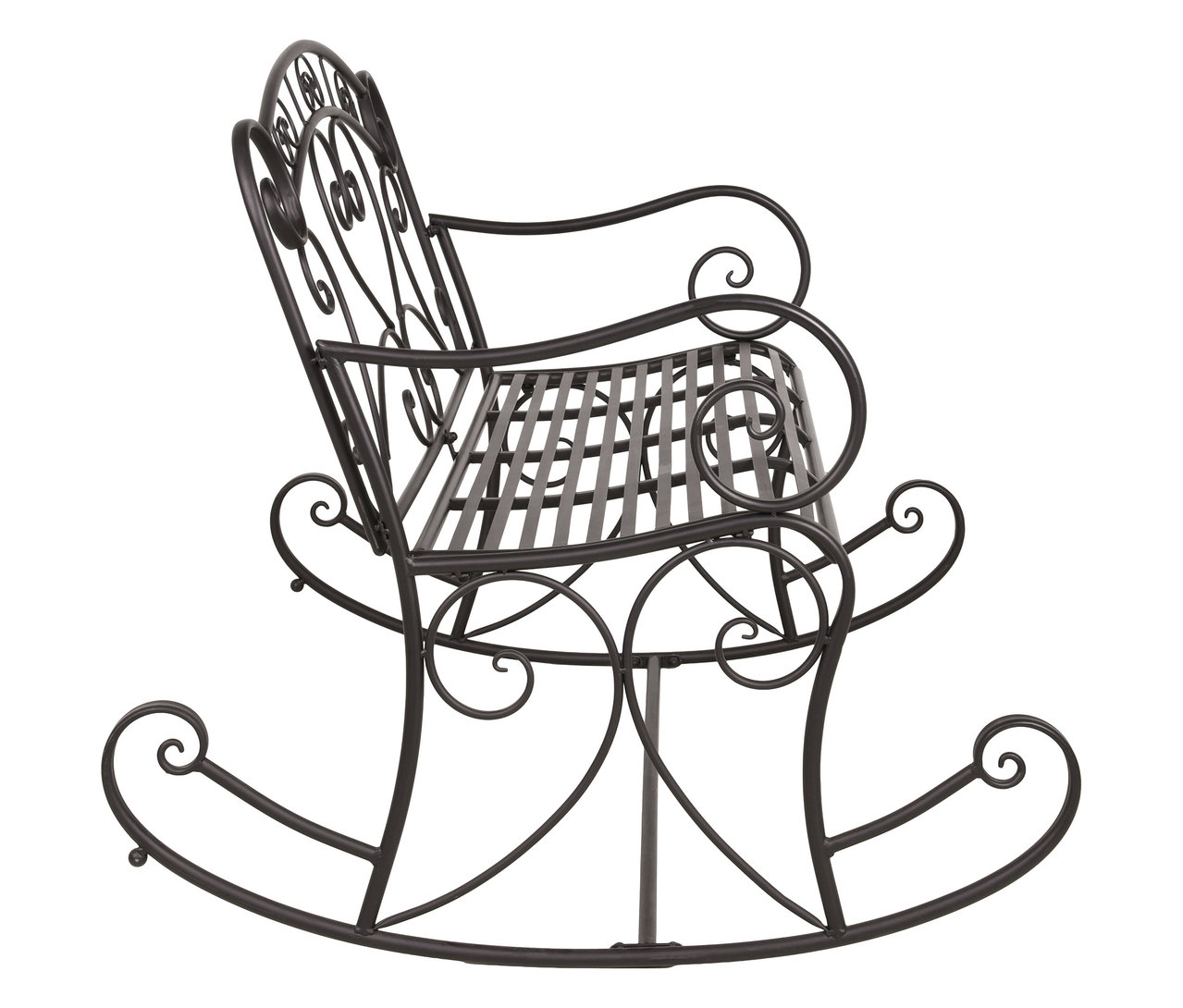 Schwarzer Schaukelstuhl aus Metall mit geschwungenen Verzierungen, seitlich aufgenommen.