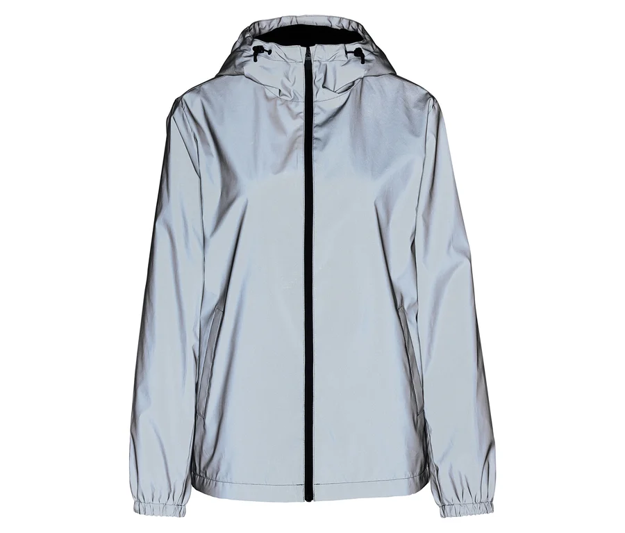 Silberfarbene Regenjacke mit Kapuze und durchgehendem Reißverschluss.