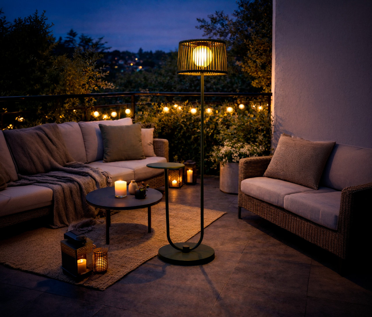 Auf einer Terrasse steht eine grüne Leco Solar Stehleuchte mit integriertem Tisch neben einem Sofa und einem Tisch mit Kerzen.