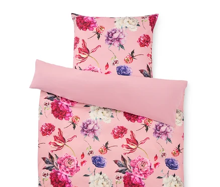 Bettwäsche mit Blumenmuster in Rosa, bestehend aus einem Kissenbezug und einem Bettbezug.