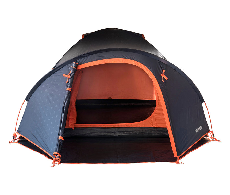 Geöffnetes, blaues Tambu »HAIKA 4« 4-Personen-Kuppelzelt mit orangefarbenen Details.