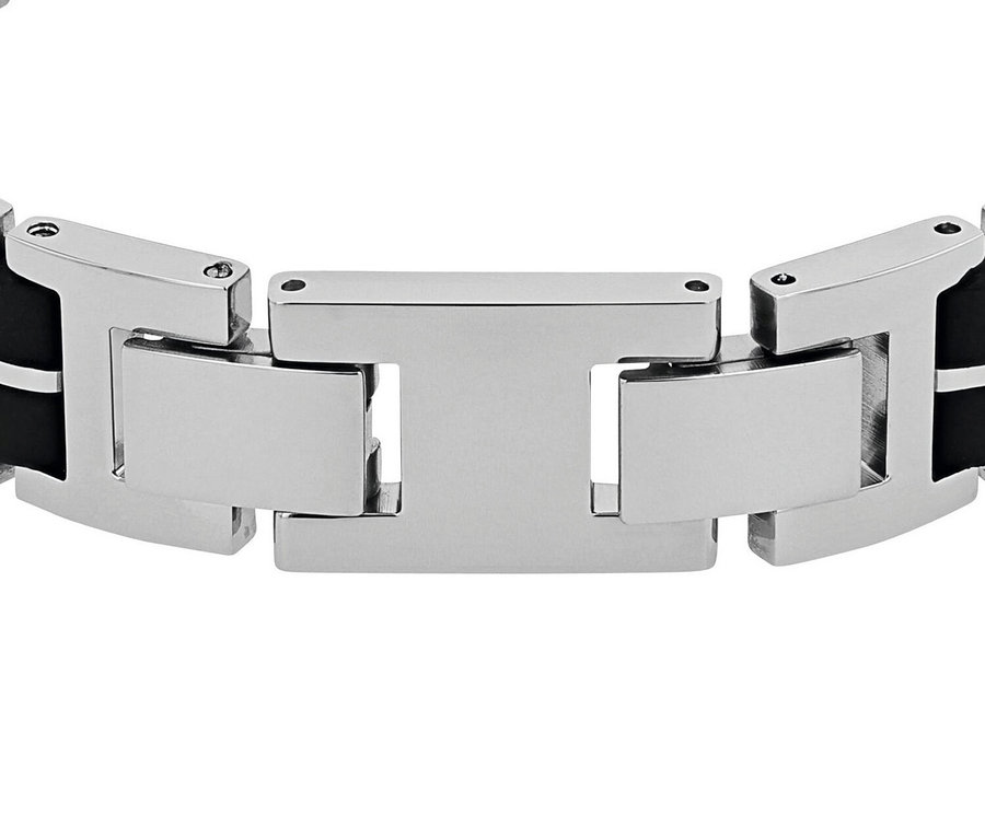 Nahaufnahme eines silberfarbenen Armbandes mit schwarzen Akzenten.