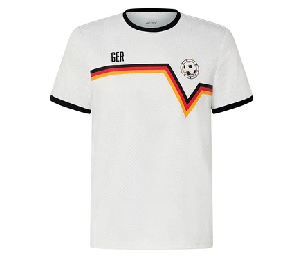 Weißes T-Shirt mit Print, GER-Aufdruck, Deutschlandfarben und Fußball-Logo.