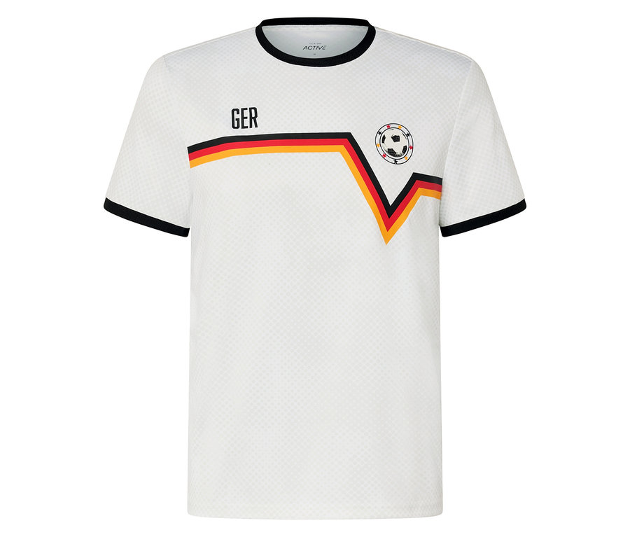 Weißes T-Shirt mit Print, GER-Aufdruck, Deutschlandfarben und Fußball-Logo.