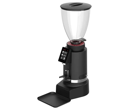 Eine Kaffeemühle in Schwarz mit einem durchsichtigen Behälter oben und einem kleinen Bildschirm an der Seite.