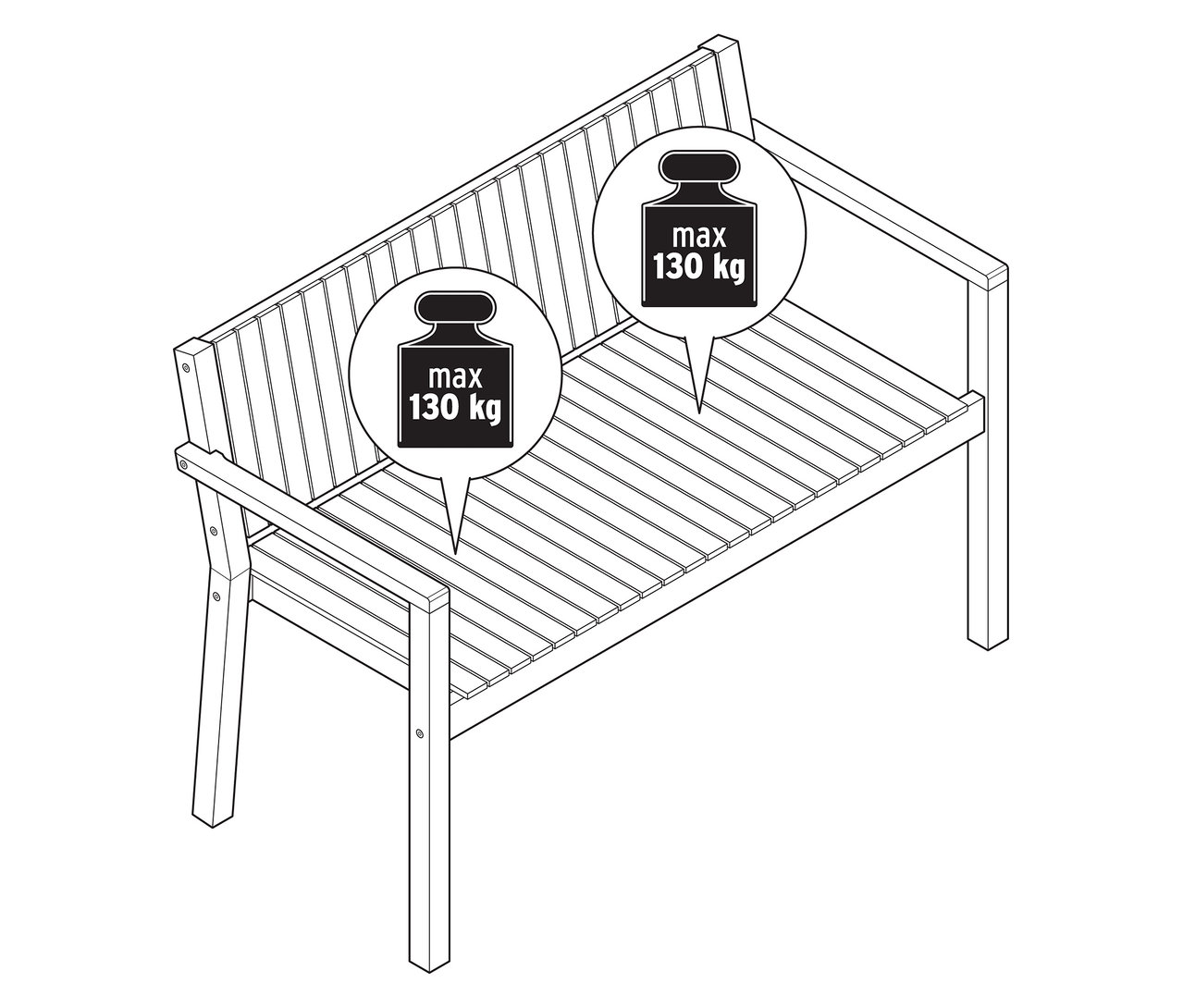 Draufsicht auf eine Gartenbank, ca. 120 cm, mit Hinweisen zum maximalen Gewicht.