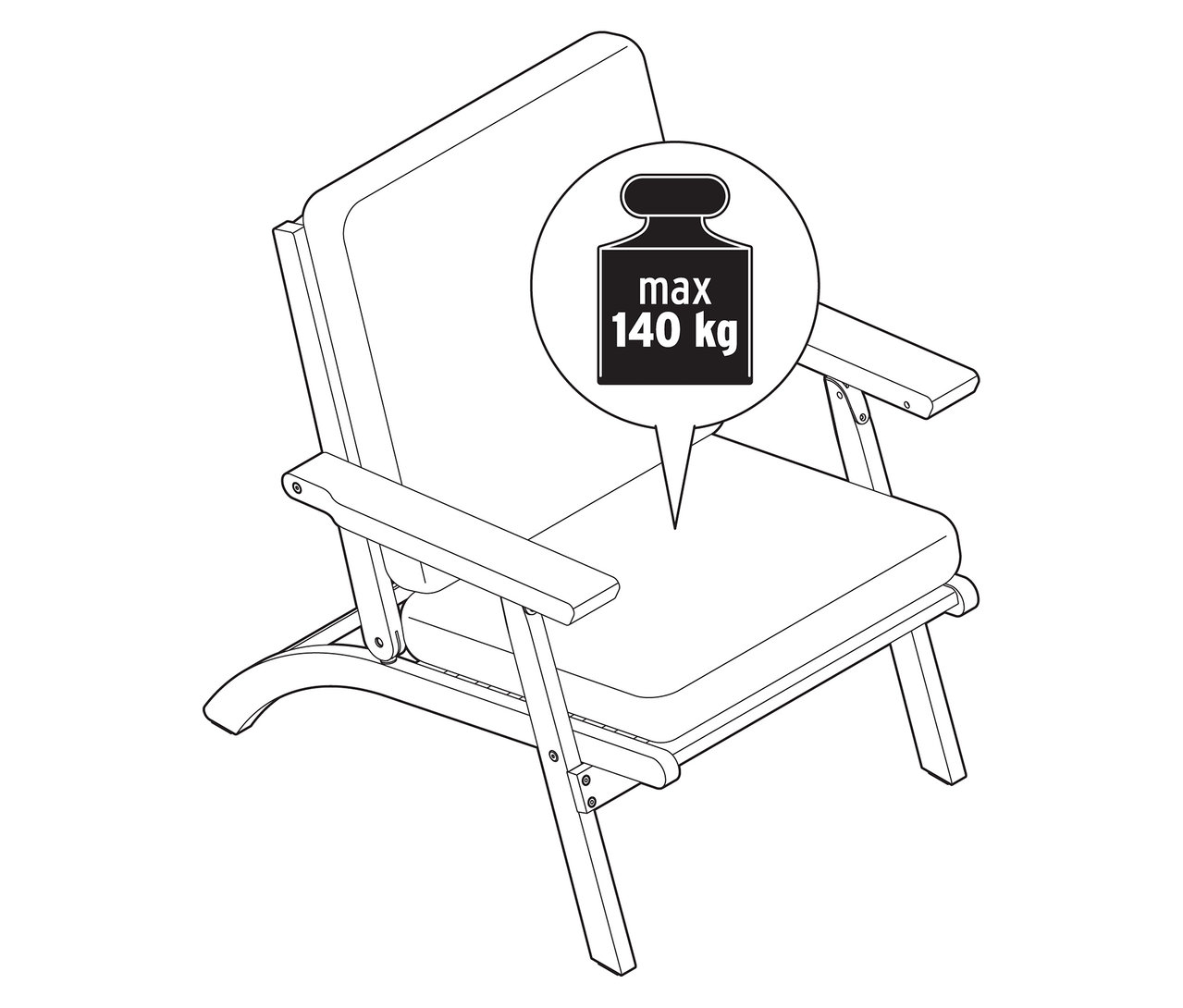 Illustration eines zusammenklappbaren Gartenlounge-Sessels mit Premium-Kissen, Teil eines 4-teiligen Sets, mit einer Gewichtsbelastung von maximal 140 kg.