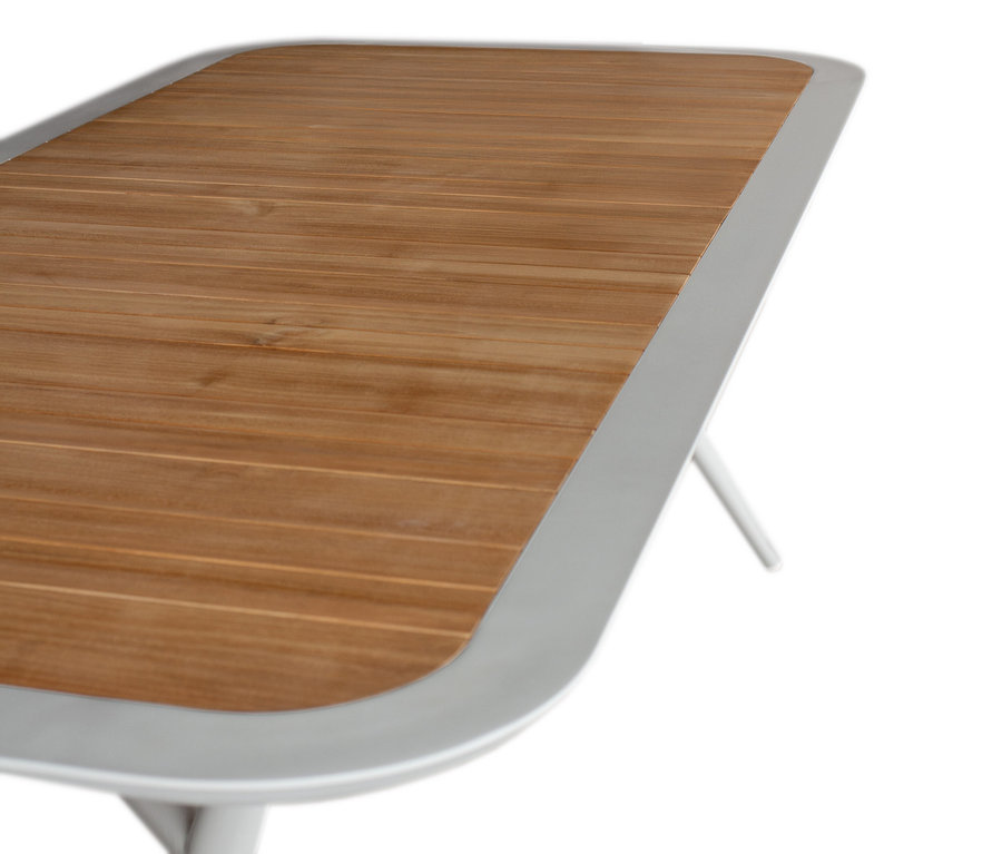 Detailansicht einer DeVries Tischplatte, 220 x 100 cm, Teil eines DeVries Dining-Sets, mit Holzpaneelen und grauem Rahmen.