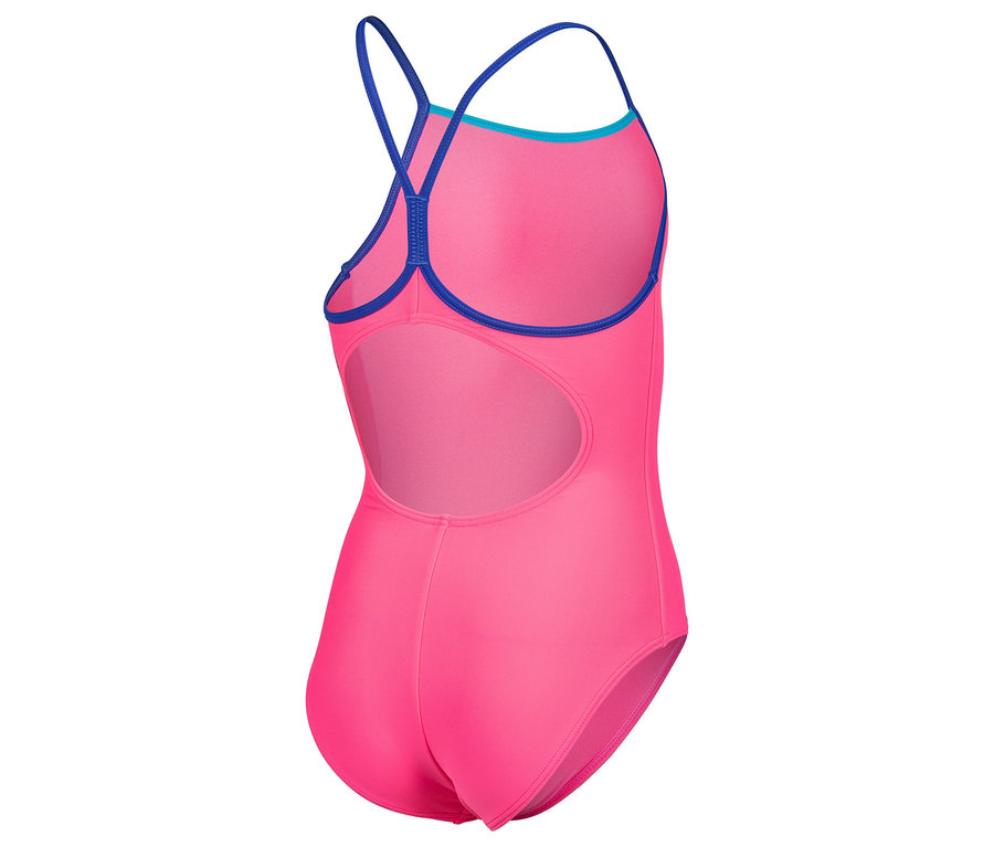 Rückansicht eines pinkfarbenen Badeanzugs mit blauen Trägern und blauer Umrandung.