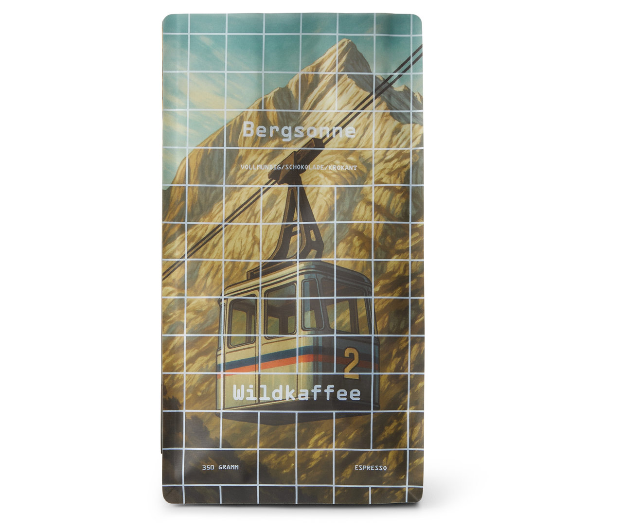 Eine Packung Wildkaffee - Bergsonne Espresso - 350 g Ganze Bohne steht auf einem weißen Hintergrund.