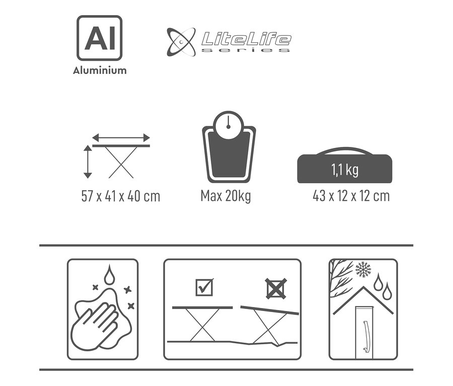 Abbildung der Spezifikationen des Tambu Campingtischs »BATISTSA«: Aluminium, 57x41x40cm, max. 20kg, 1,1kg, 43x12x12cm, leicht zu reinigen, stabil und wetterfest.