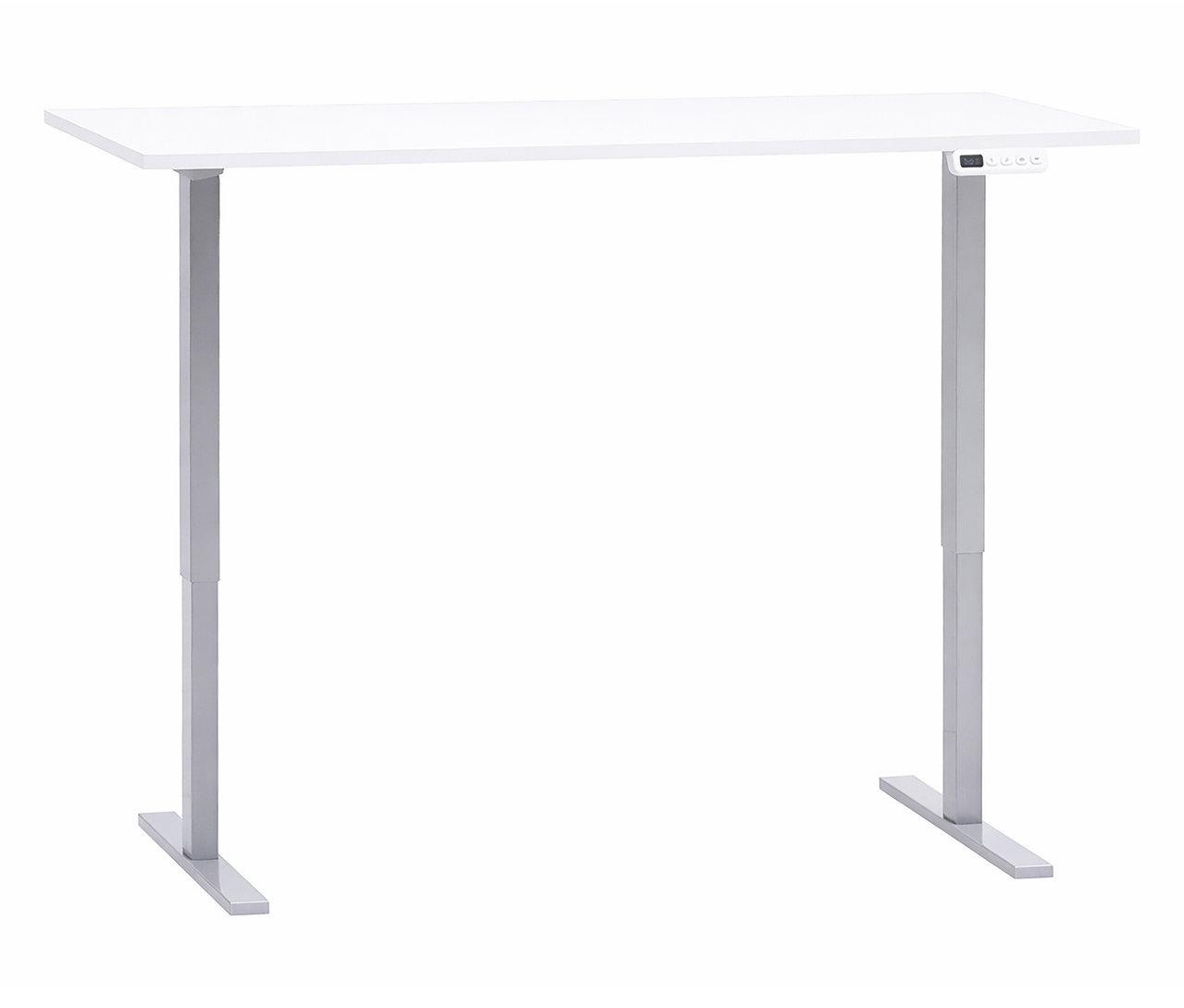 Weißer, höhenverstellbarer Schreibtisch mit silberfarbenem Gestell vor einem weißen Hintergrund.