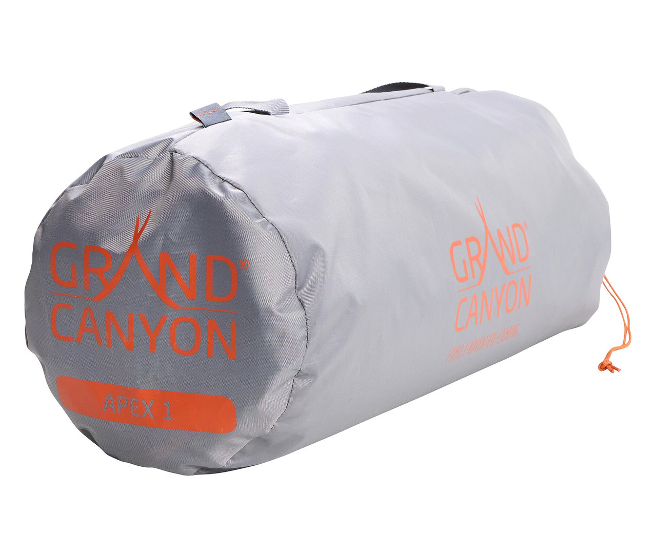 Grauer Packsack für Grand Canyon 1-Personen-Trekkingzelt »Apex« mit orangefarbenem Aufdruck.