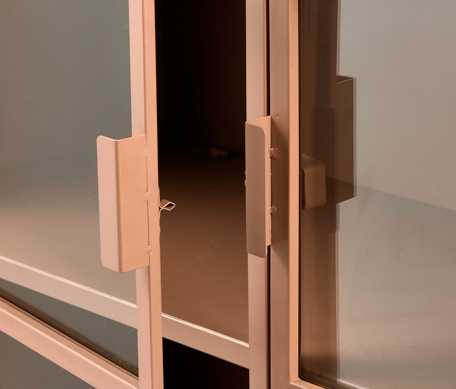 Nahaufnahme einer geöffneten, rosafarbenen Woood »Ronja« Metallvitrine XL mit Glasfront.