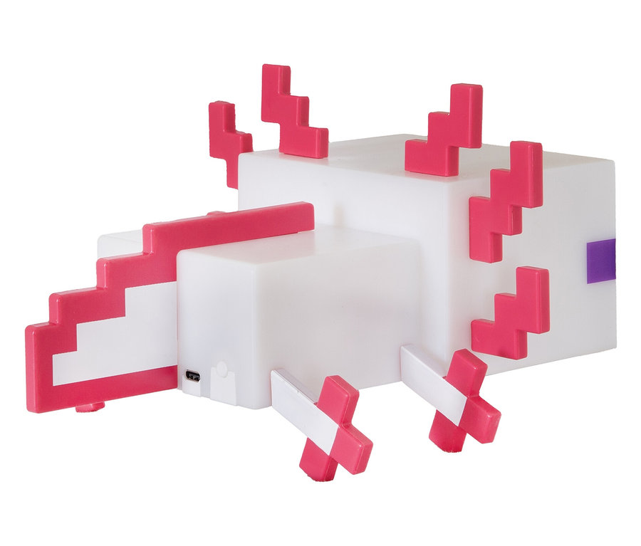 Ein pixeliger, weisser Axolotl mit pinkfarbenen Akzenten steht auf einem weißen Hintergrund.