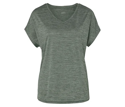 Ein graues, kurzärmeliges Active T-Shirt mit V-Ausschnitt ist auf einem weißen Hintergrund zu sehen.