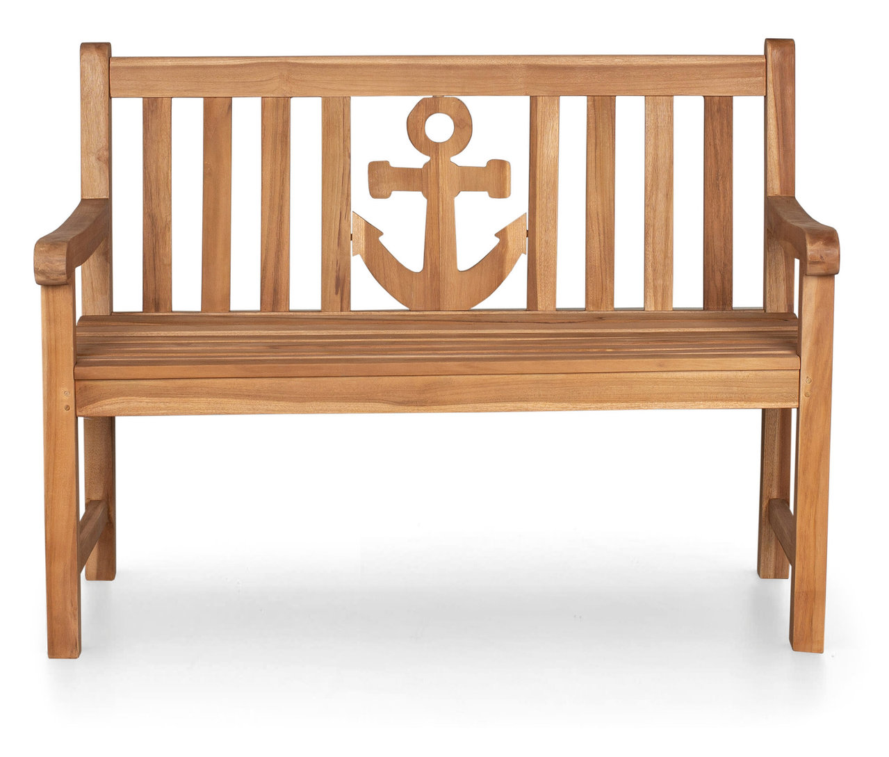 Helle deVries Teak-Gartenbank »Anker« mit senkrechten Streben und Anker-Ausschnitt in der Rückenlehne.