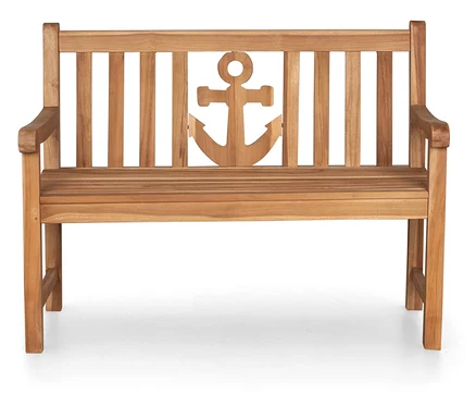 Helle deVries Teak-Gartenbank »Anker« mit senkrechten Streben und Anker-Ausschnitt in der Rückenlehne.