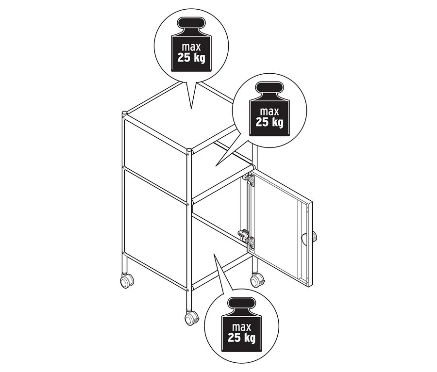 Draufsicht auf eine schematische Darstellung eines Rollcontainers mit einer geöffneten Tür und Hinweisen zum maximalen Gewicht.