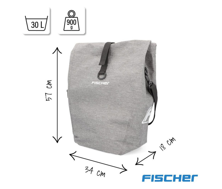 Graue Fischer Gepäckträgertasche Plus Cita mit Maßangaben.