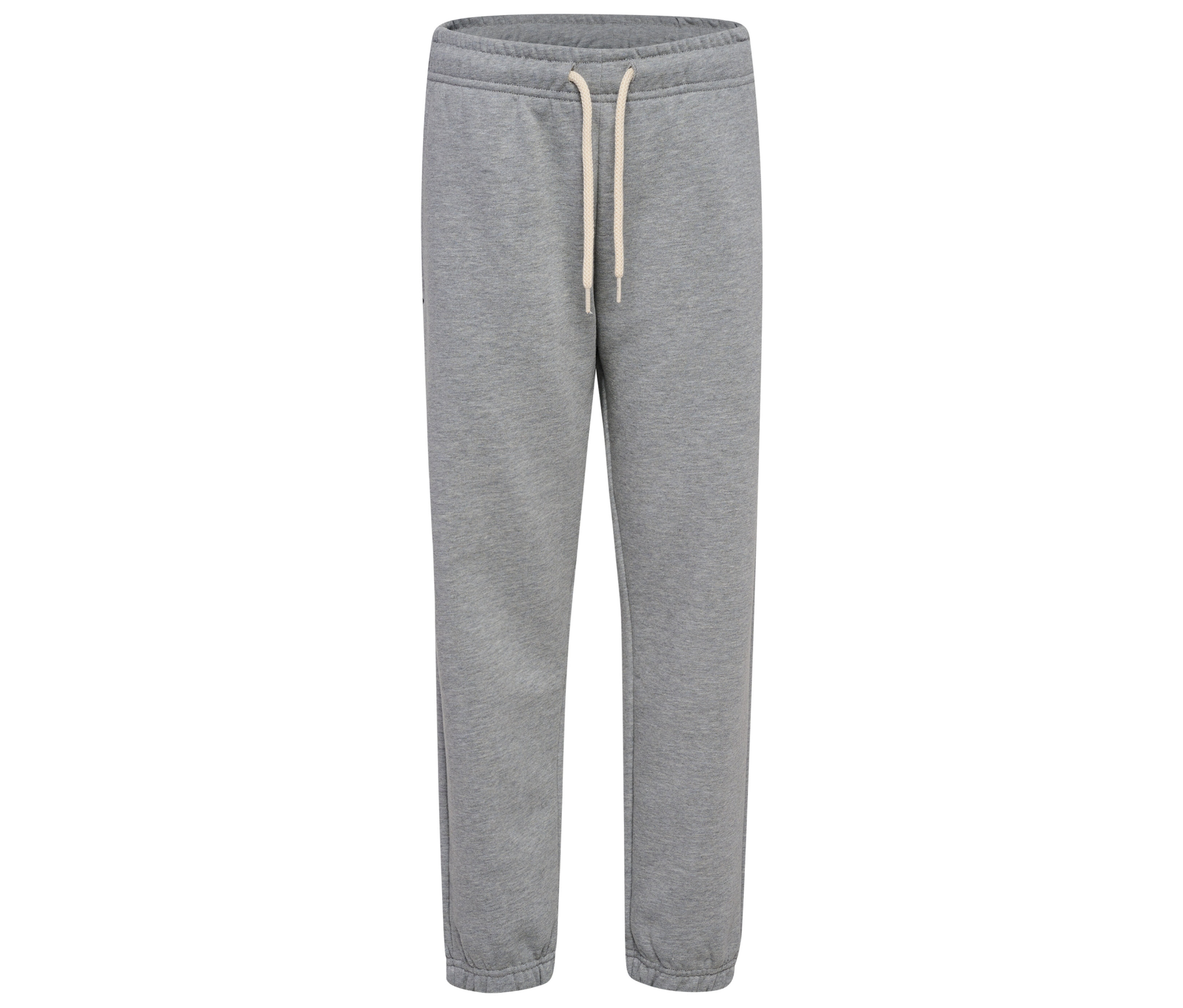 Graue hummel® HMLJR Loose Sweatpants Bee mit Kordelzug, frontal auf weißem Hintergrund.