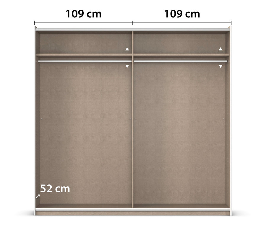 Ansicht eines zweitürigen Kleiderschranks mit Schiebetüren in hellbrauner Holzoptik und silbernen Akzenten. Die Maße sind angegeben: 109 cm pro Tür und 52 cm Höhe.