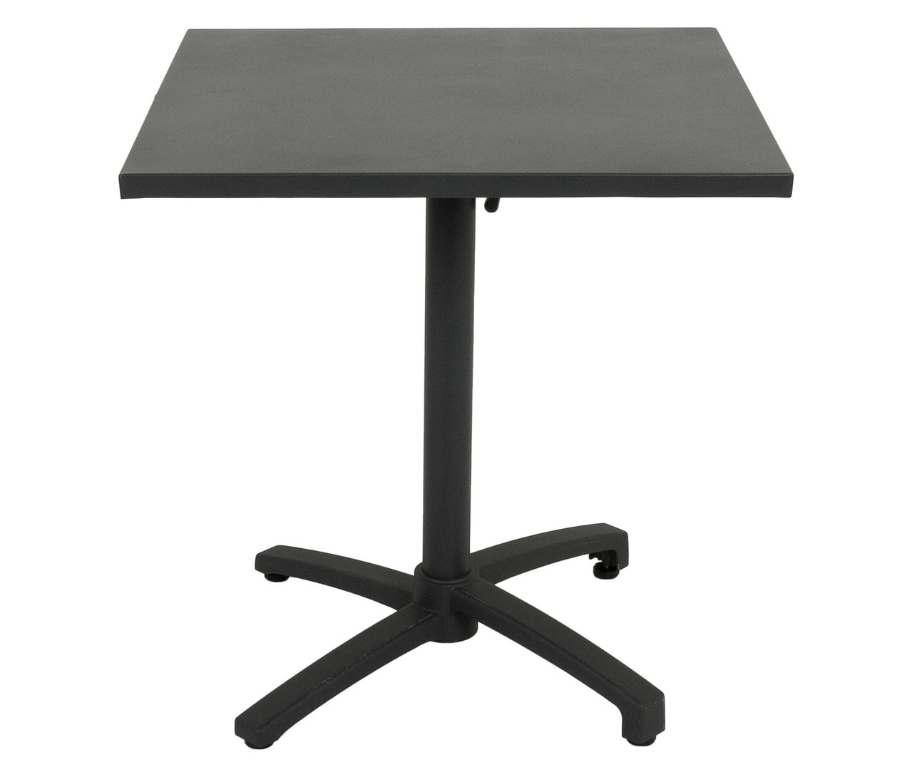 Schwarzer quadratischer Tisch mit einem einzelnen Bein und einer X-förmigen Basis.