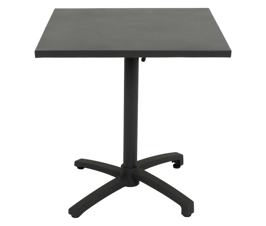 Schwarzer quadratischer Tisch mit einem einzelnen Bein und einer X-förmigen Basis.