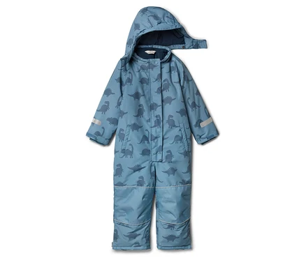 Blauer Schneeanzug mit Kapuze und Dinosaurier-Muster, reflektierende Streifen an Ärmeln und Beinen.