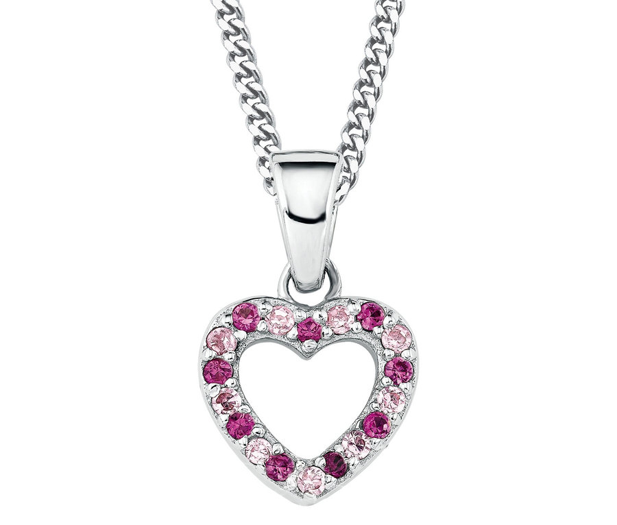 Nahaufnahme einer silbernen Halskette mit einem herzförmigen Anhänger, der mit rosa und pinkfarbenen Kristallen besetzt ist.