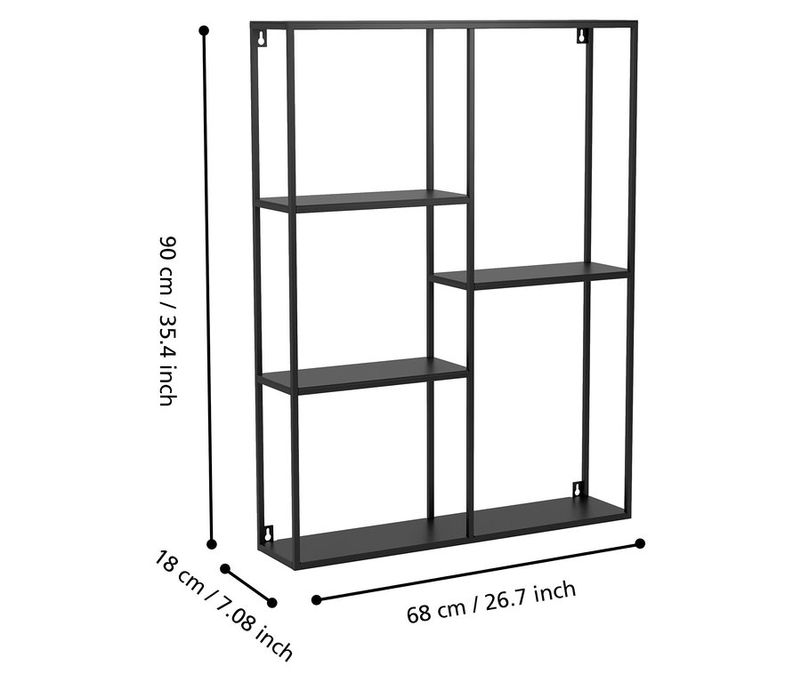 Abmessungen eines schwarzen Wandregals: 90 cm hoch, 68 cm breit und 18 cm tief.