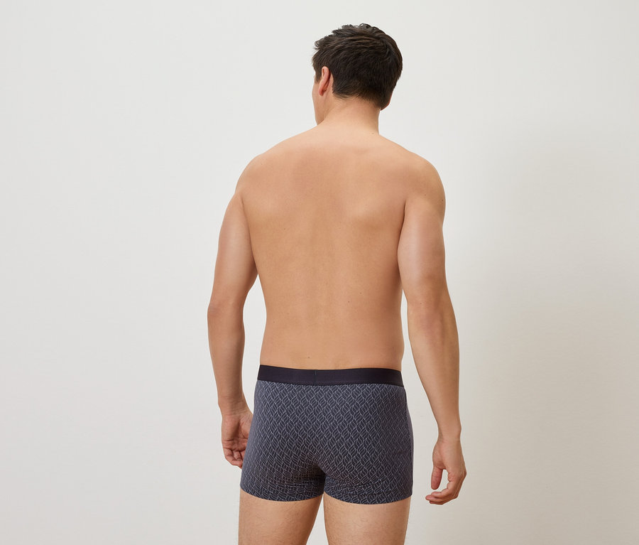 Mann von hinten, der graue gemusterte Boxershorts trägt.