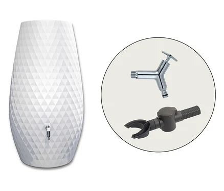 GARANTIA Triagon 2-in-1-Regenspeicher-Set, 230 l, weiß mit Zubehör im Kreis.