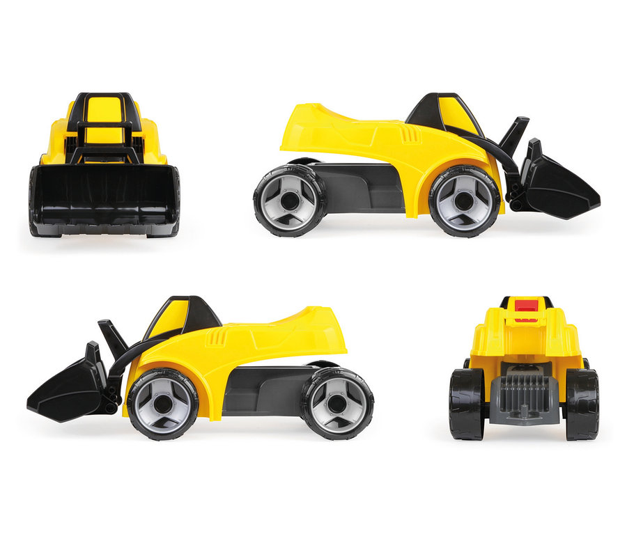 Vier Ansichten eines gelben und schwarzen GIGA TRUCKS Aufsitz-Schaufelladers »Pro X« Spielzeugs, mit schwarzer Schaufel und Rädern.