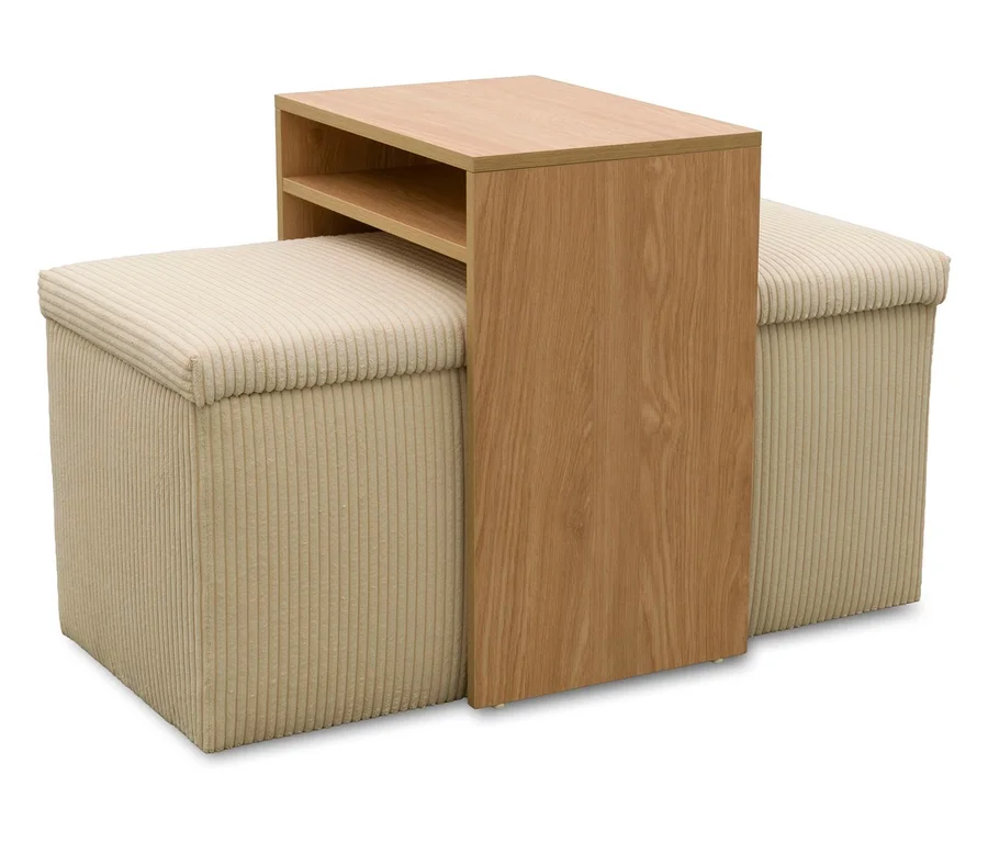 DOMO Hocker mit Tisch »Kopenhagen«, creme: Zwei gerippte Hocker und ein hellbrauner Tisch mit Ablagefach dazwischen.