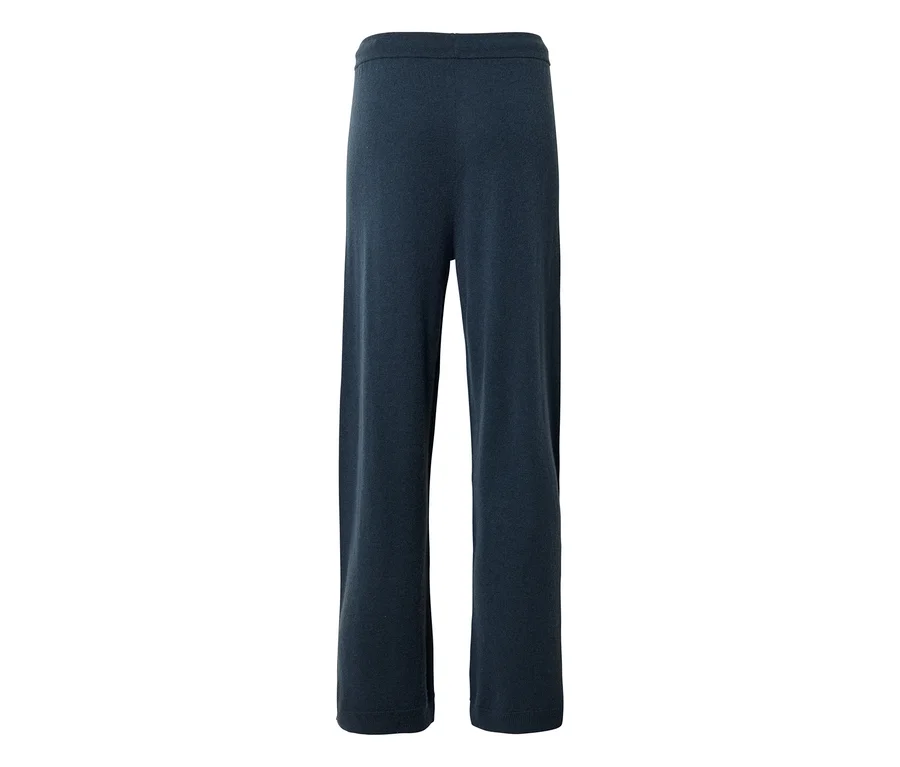 Dunkelblaue, gestrickte Hose mit weitem Bein.