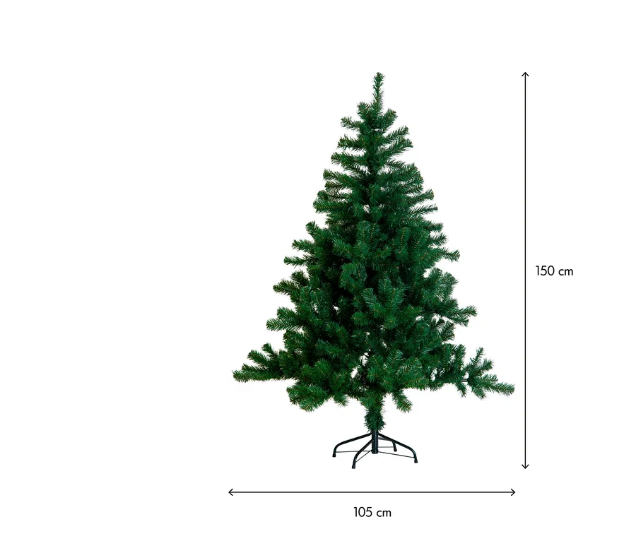 Grüner künstlicher Weihnachtsbaum mit schwarzem Ständer, 150 cm hoch und 105 cm breit.