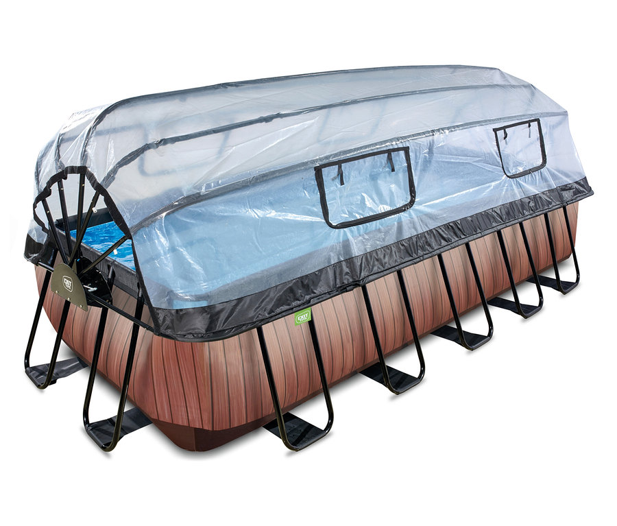 Rechteckiges EXIT Pool-Set in Holzoptik, 540 x 250 cm, mit einer transparenten, gewölbten Abdeckung, die zwei rechteckige Öffnungen und schwarze Ränder hat. Der Pool steht auf schwarzen Metallbeinen.