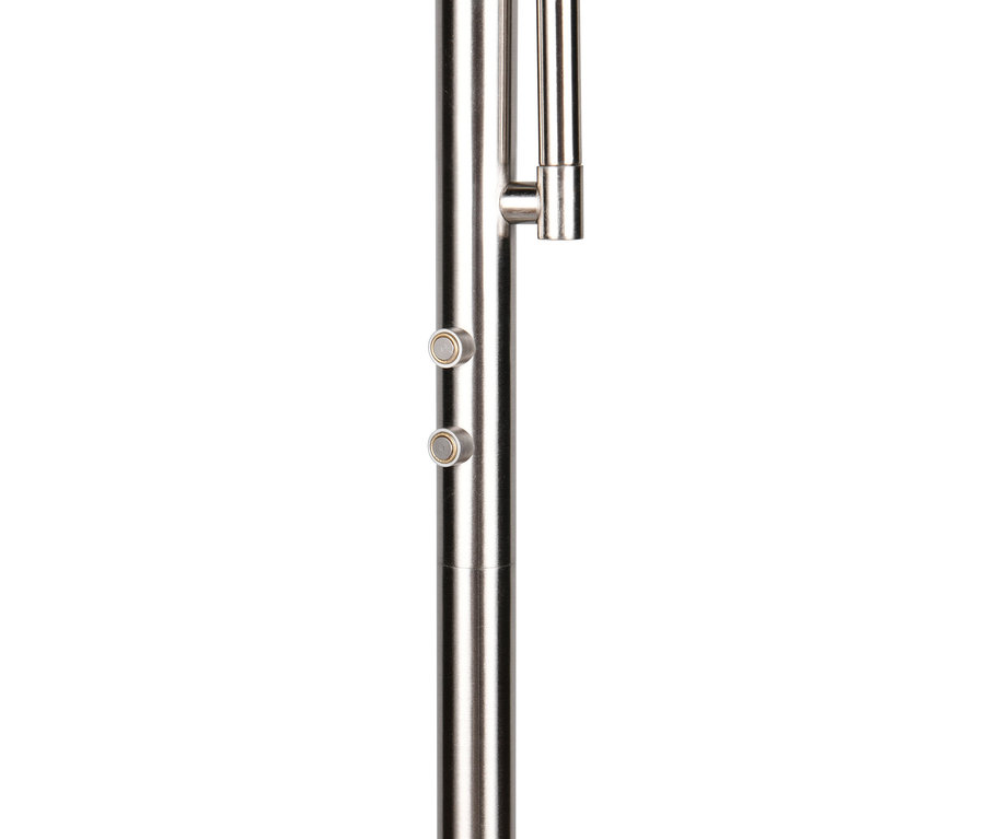 Gebürstete Metallstange mit zwei runden Magnetknöpfen an der Seite und einer dünneren Metallstange, die oben befestigt ist, vor weißem Hintergrund.