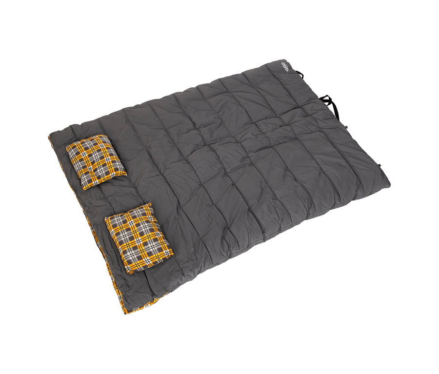 Grauer XXL-Doppelschlafsack mit zwei integrierten Kissen mit gelb-schwarz-weißem Karomuster.