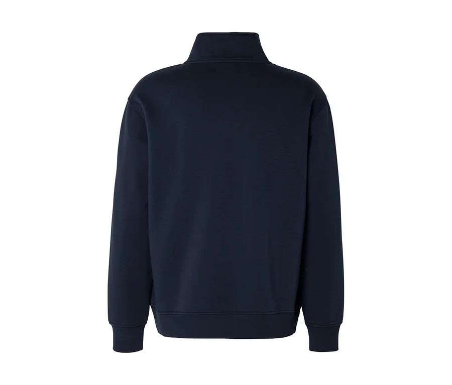 Dunkelblaues Sweatshirt, von hinten gesehen, mit Stehkragen, langen Ärmeln sowie gerippten Bündchen und Saum.