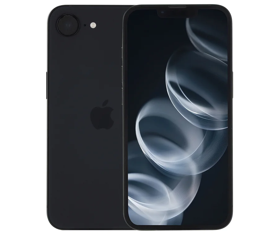 Schwarzes Apple iPhone 16e 128 GB von vorn und hinten gezeigt.
