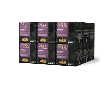 Stapel von Qbo by Tchibo Espresso ORO LATINO Kaffeekapsel-Boxen. Die dunklen Boxen zeigen 8 Kapseln und Intensität 7/10.