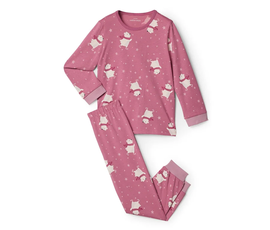 Rosa Kinderpyjama mit langen Ärmeln und Hose, bedruckt mit weißen Eisbären mit rot-weiß gestreiften Schals und Sternen.
