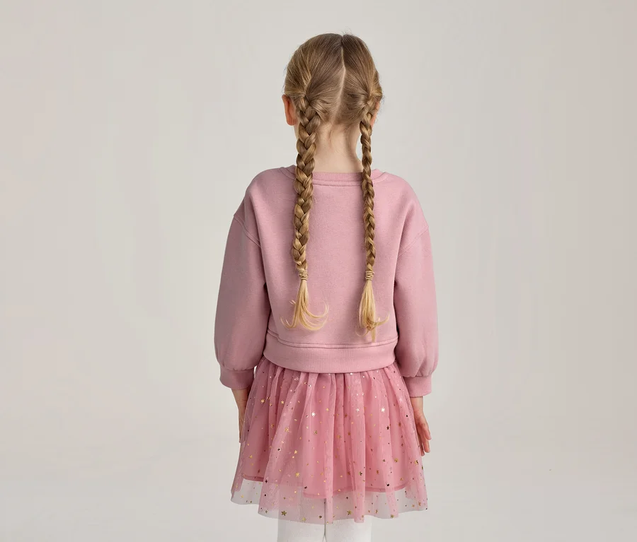 Mädchen von hinten mit blonden Zöpfen, rosa Sweatshirt und rosa Tüllrock mit goldenen Sternen.