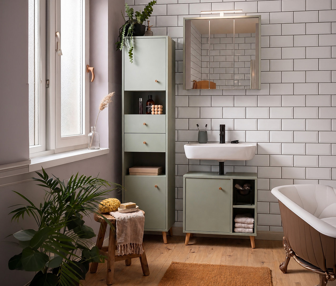 Badezimmer mit weißen Fliesen, einem pistaziengrünen Hochschrank Bjarne, einem Waschbeckenunterschrank Bjarne und einem Spiegelschrank Mono über dem Waschbecken. Rechts steht eine Badewanne.