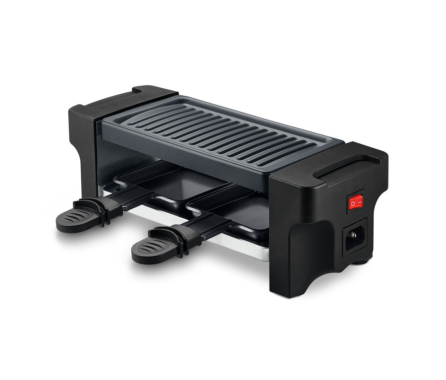 Schwarzer Raclette für zwei Personen mit Netzschalter.